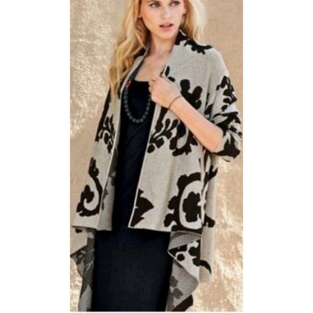 Peruvian Connection Kiri Pima Cotton Cascade Cardigan S Black White Floral G141